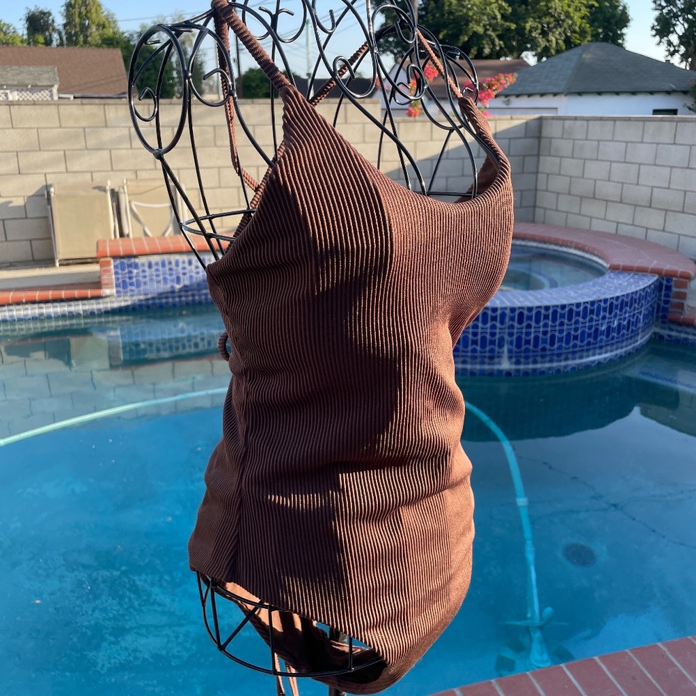 Brown ribbed bathing suit with a corset style tie